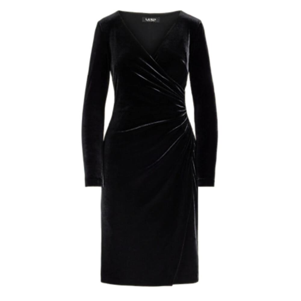 Ralph Lauren Stretch Velvet Surplice Cocktail Dress  | Size 14, Black | NEW $175
